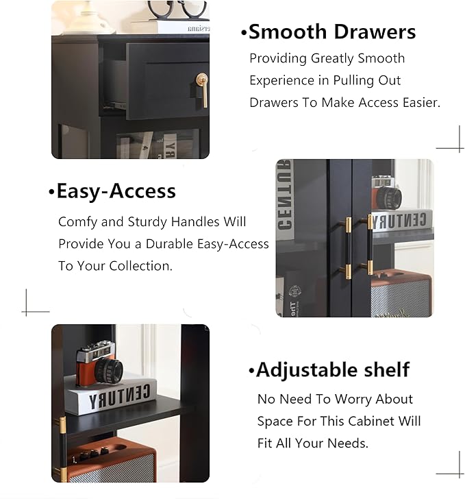 58.2'' Modern Sideboard Buffet Cabinet with Storage, Accent Coffee Bar Cabinet with 2 Glass Doors,Sideboard Credenza with Two Drawers and Adjustable Shelves,Black