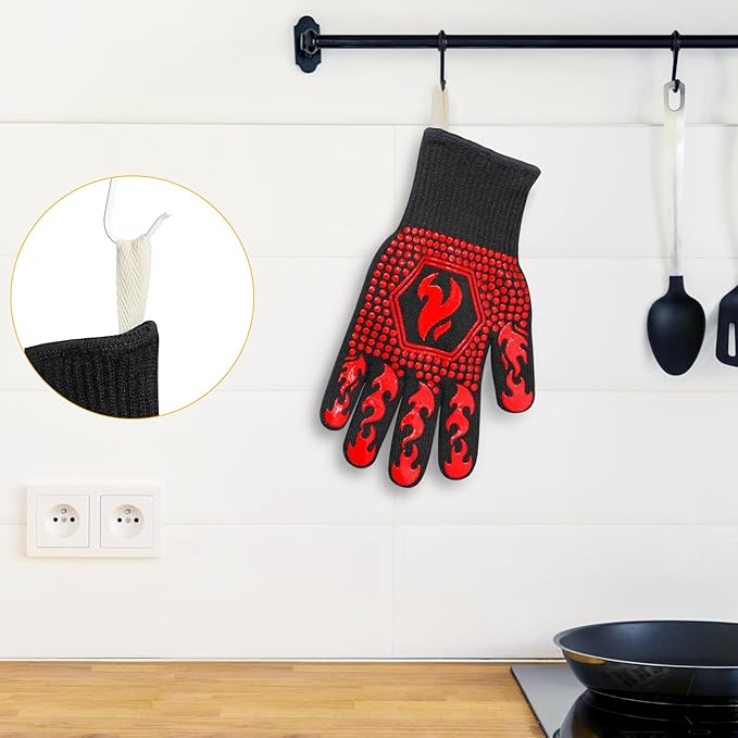 QUWIN BBQ Gloves, BBQ Accessories 1472??Extreme Heat Resistant, Grilling Gloves Silicone Non-Slip Oven Mitts, Kitchen Gloves for BBQ, Grilling, Cooking, Baking-1 Pair??(One Size Fits Most, Red)