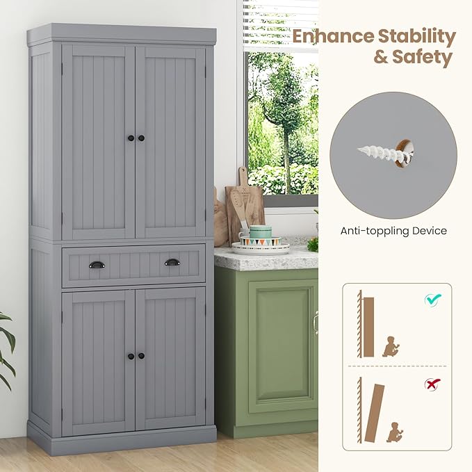 Tangkula 72" H Kitchen Pantry Cupboard Cabinet, Traditional Freestanding Large Tall Storage Cabinet with 2 Cabinets and Drawer, Adjustable Shelves, for Living Room Kitchen, 30 x 16 x 72 Inch
