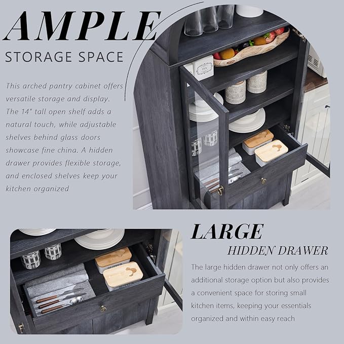 71" Tall Arched Kitchen Pantry Cabinet, Modern Farmhouse Kitchen Storage Cabinets with Open & Adjustable Shelves, Hidden Drawer & Glass Door, Versatile Cupboard for Kitchens, Dining Room, Grey
