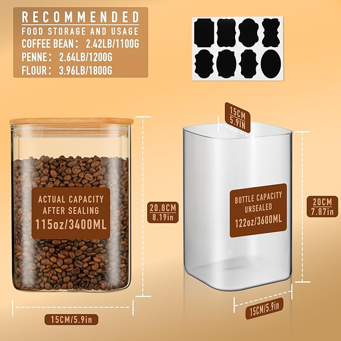 122oz Airtight Glass Square Storage Canister with Bamboo Lid Set of 1 (3600ml) Gallon Glass Jars Large Kitchen Canister for Sugar, Flour, Cookies and Coffee beans (?럚ith Black Lable)