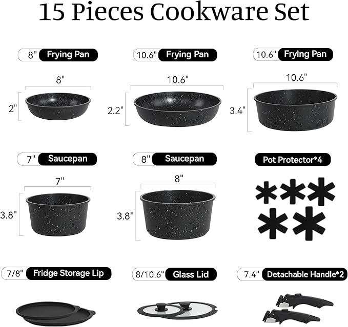 15PCS Pots and Pans Set Non Stick, Kitchen Cookware Sets with Detachable Handle, Ceramic Cookware Sets, Non Stick RV Cookware Cooking Set, Dishwasher 竊?Oven Safe, PFOA Free, Black