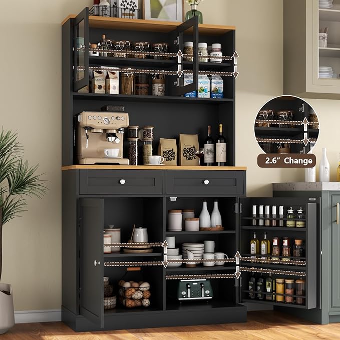 Tall Pantry Cabinet, Modern Kitchen Hutch with Microwave Stand, Kitchen Pantry Storage Cabinet with 2 Darwers & Door Shelf, Food Pantry with Glass Doors & Adjustable Shelves for Dining Room, Black