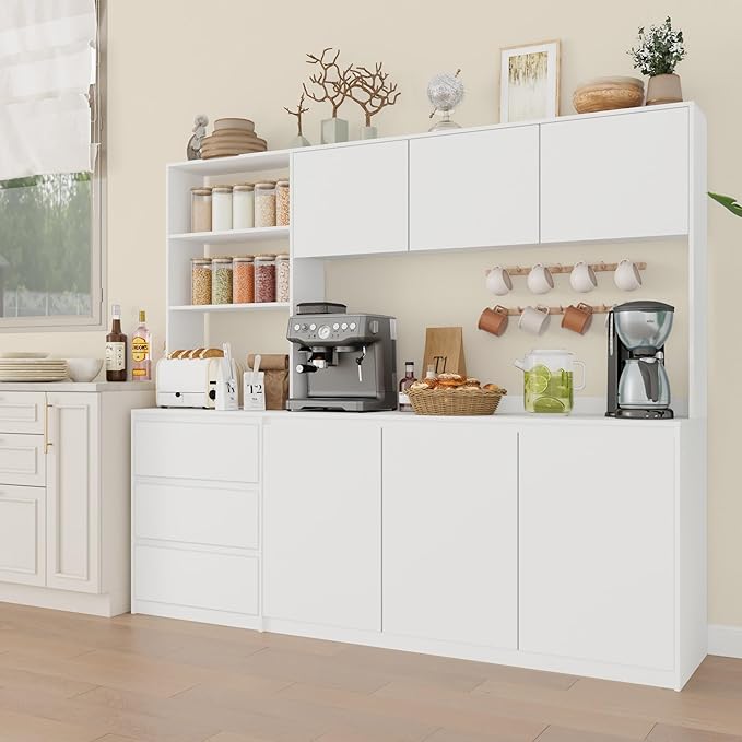 Large Kitchen Hutch Cabinet with Microwave Stand, Storage Cupboard Pantry with 3-Tier External Shelves and 3 Drawers, Ktichen Food Pantry with Open Countertop for Dining Room, White