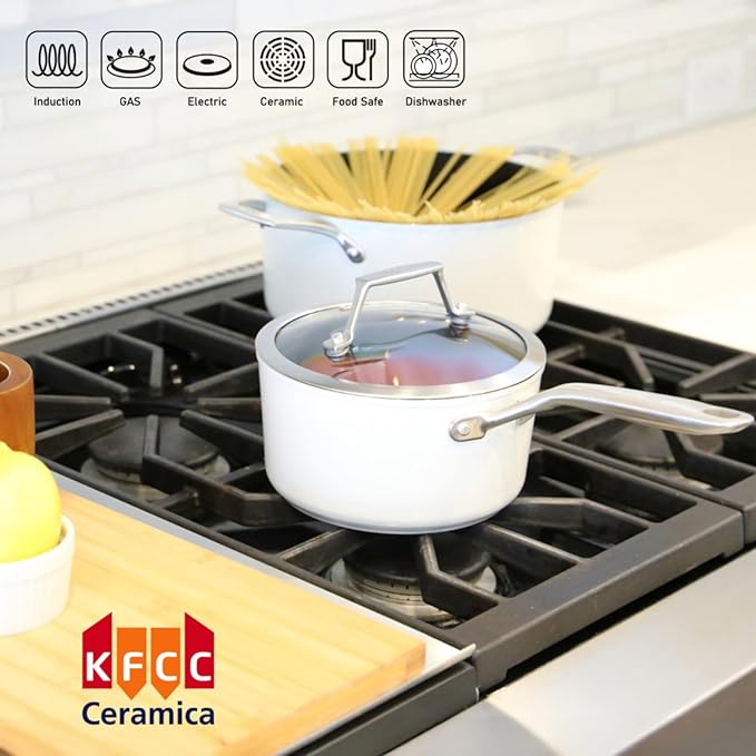 TeChef ValenCera Collection | 2-quart Ceramic Nonstick Saucepan with Glass Lid, Nontoxic - Nontoxic - Free of PFAS, PFOA, PTFE (Saucepan 2-Qt)