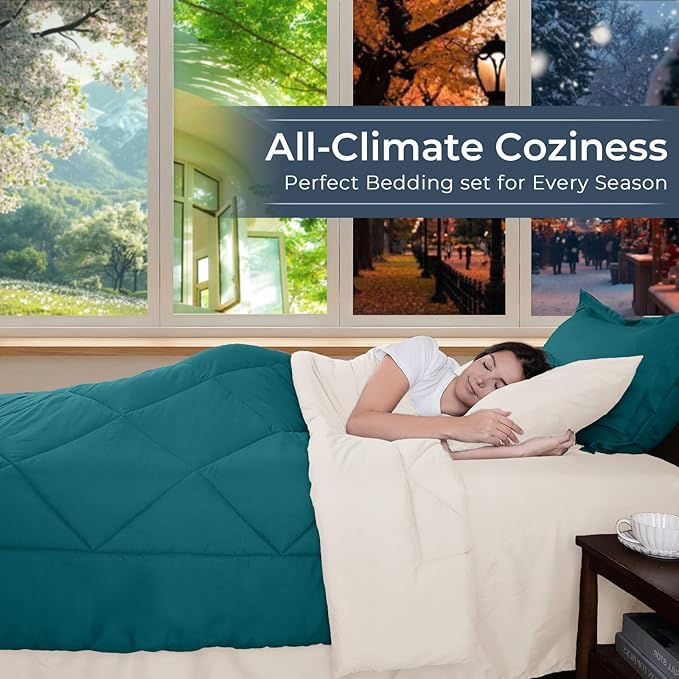 HEVUMYI Full Comforter Set - 7-Piece All Season Bed in a Bag Full, Ultra Soft Bedding Set with Comforter, Flat Sheet, Fitted Sheet, Pillowcases, Pillow Shams, Peacock Blue & Ivory
