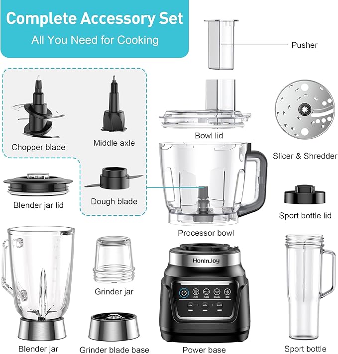 HoninJoy All-in-One Blender & Food Processor, 10-in-1 Professional Blender for Smoothies, Ice Crushing, Dough Making, Chopping, Grinding, Slicing & Shredding, Dishwasher Safe for Kitchen & Home Use
