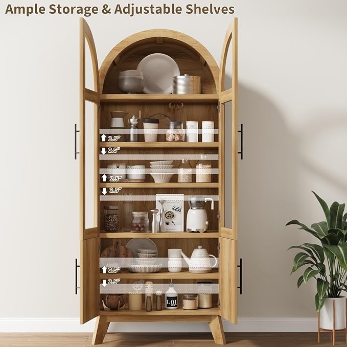 QUW 71" Tall Arched Kitchen Pantry Cabinet, Modern Fluted Display Cabinet with Glass Door & Adjustable Shelves, Storage Cabinet for Kitchen, Living Room, Dining Room, Bathroom, Natural Oak