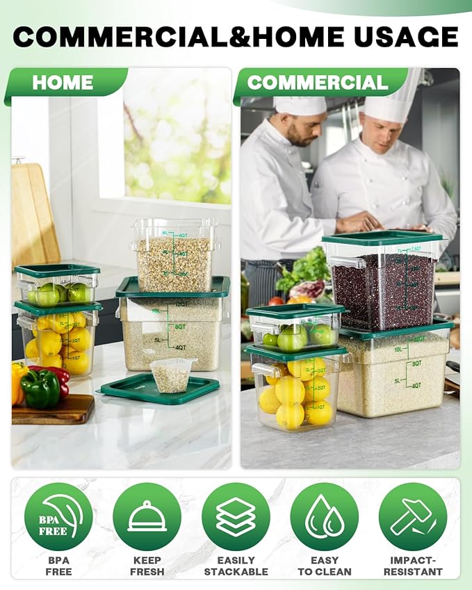 12QT NSF Food Storage Containers: 2 PCS [Food Grade][Hot&Cold Resistant] Commercial Clear Square Food Storage Containers with Scales Handles for Home Restaurant Kitchen Proof Dough(BPA FREE-GREEN N1)
