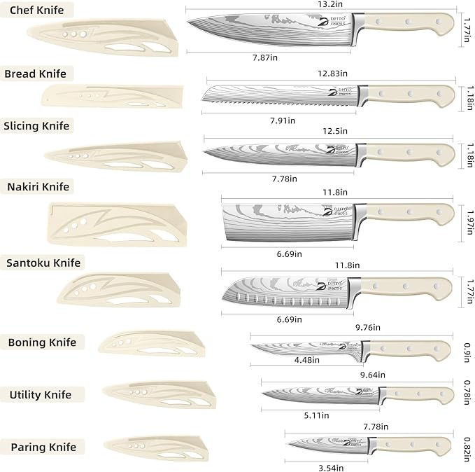 Dfito Chef Knife Set with Roll Bag, 9 Piece Professional Stainless Steel Japanese Kitchen Knife Set with Ergonomic Handle for Professional Chef, Dishwasher Safe, Camping, Travel, BBQ, RV or Gift Beige