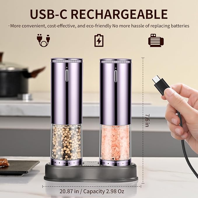 Electric Salt and Pepper Grinder Set Automatic Refillable Salt and Pepper Grinders with LED Light Pepper Grinder Kitchen Gadgets Adjustable Coarseness,One Handed Operation, Large Capacity