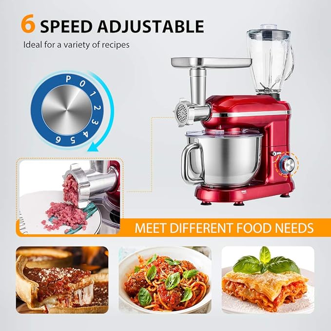 VIVOHOME 3-in-1 Stand Mixer, 6 Quart Electric Tilt-Head Kitchen Mixer with Bowl, Multifunctional Food Mixer with Meat Grinder and Blender Attachments, Dough Hook, Beater, and Whisk, Red