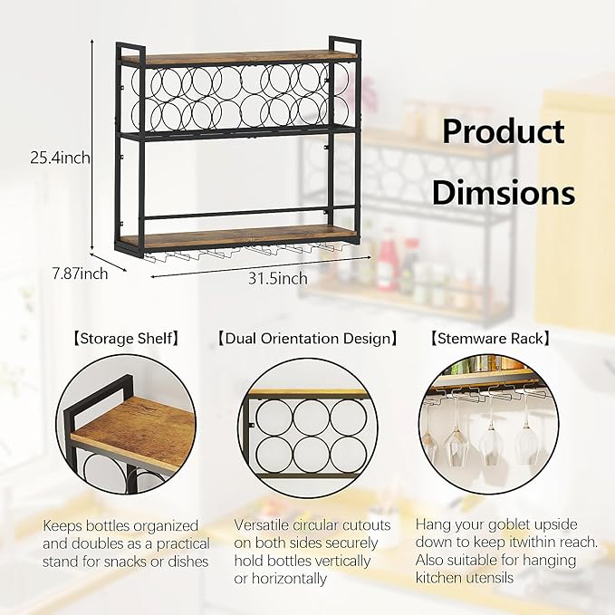 Dokser Wine Rack Wall Mounted Horizontal Bottle Holder, Wall Wine Rack with Rustic Wood for Kitchen, Dining Room, Home Bar Decor (Brown)