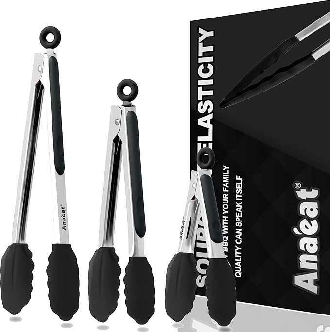 Anaeat Non-Stick Silicone Locking Tong Set of 3 - Stainless Steel 7", 9", 12" Kitchen Food Tongs with Non-Slip Silicone Tips and Grip for Cooking, Baking and BBQ - Heat Resistant up to 480째F (Black)