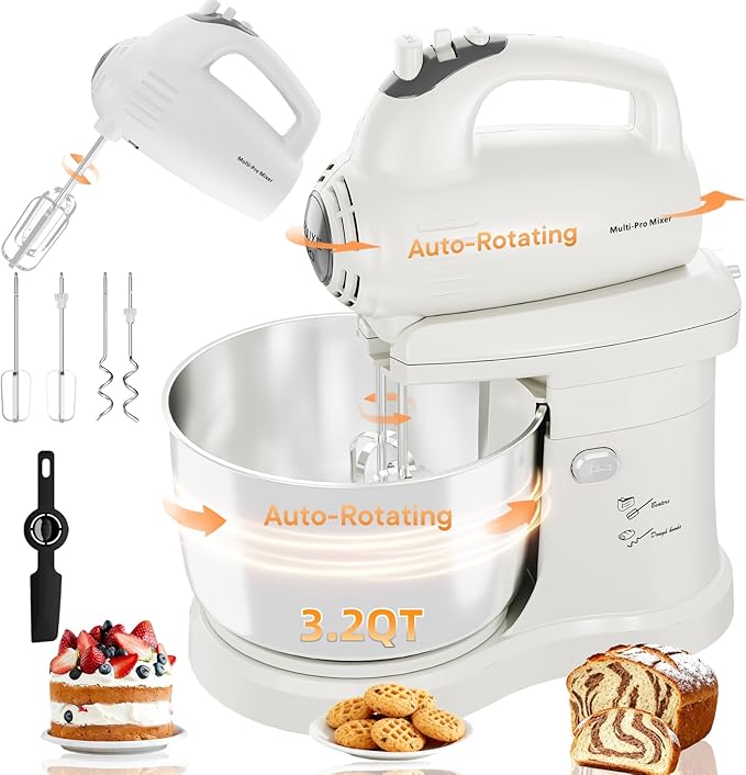 Stand Mixer Hand Mixer Electric Kitchen - 3.2 QT Auto-Rotating Bowl & Beater Small Standing Mixer, 5-Speed Tilt-Head Household Mixer with Beaters& Dough Hooks for Baking, White