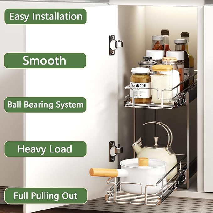 2 Tier Individual Pull Out Cabinet Organizer 5쩍" W x 21쩍" D, Heavy Duty Cabinet Pull Out Shelves, Slide Out Drawers Organization for Kitchen Cabinets Bathroom