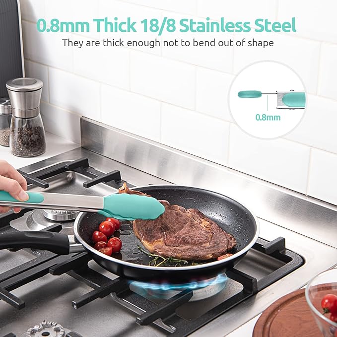 600쨘F Heat Resistant Kitchen Tongs: U-Taste 12 in Large Silicone Cooking Tong with Sturdy Non Stick Rubber Tips & Silicon Coated 18/8 Stainless Steel Handle & Smooth Locking for Serving Grill-Aqua Sky
