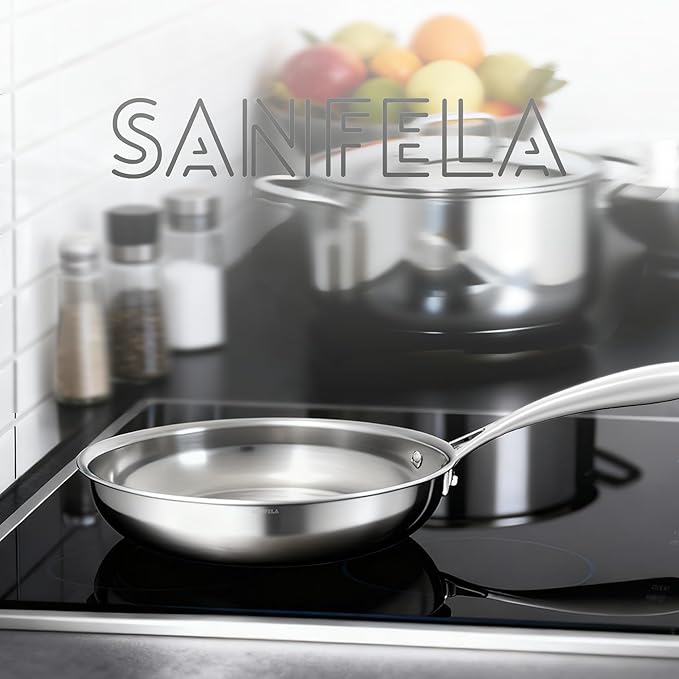 9.5 Inch Stainless Steel Frying Pan, 5-Ply Stainless Steel Pan, Dishwasher and Oven Safe, Induction Pan, Even Heat Distribution