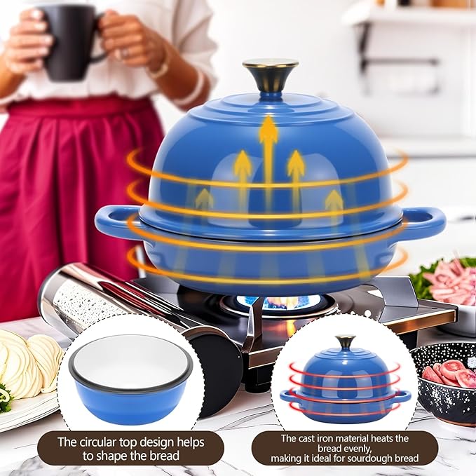 Tioncy Enameled Bread Dutch Oven with Lid for Sourdough Baking 5 Quart Round Cast Iron Dutch Oven Pot Bread Bakers for Kitchen Homemade Cookware Gifts Roasting Frying Cooking Stewing(Blue)
