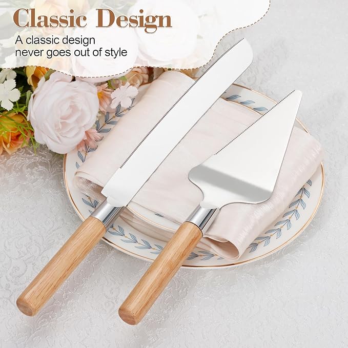Cake Cutting Set for Wedding, Wood Cake Knife and Server Set, Vintage 2-Piece Pie Cutter Serving Set, Serrated Pizza Dessert Utensils, Bridal Anniversary Birthday Quincea챰era Gift
