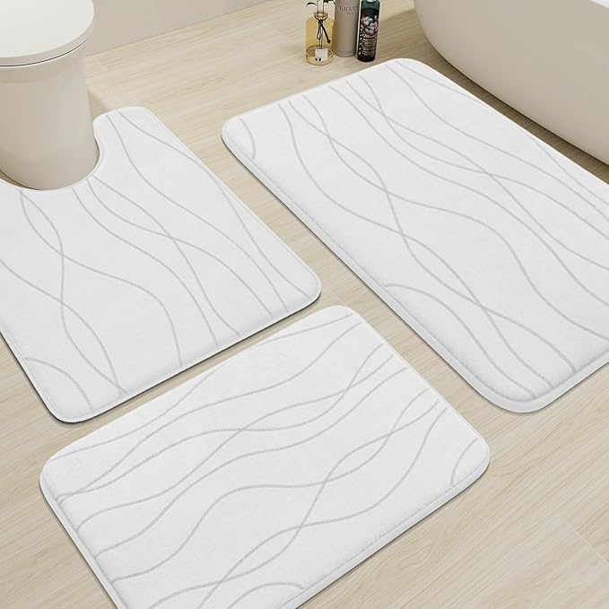 YIHOUSE Memory Foam Bathroom Rug Sets 3 Piece, Ultra Absorbent Bath Mat for Bathroom - Non-Slip Machine Washable & Dry Quickly, 3 Piece Bathroom Mat Set,White