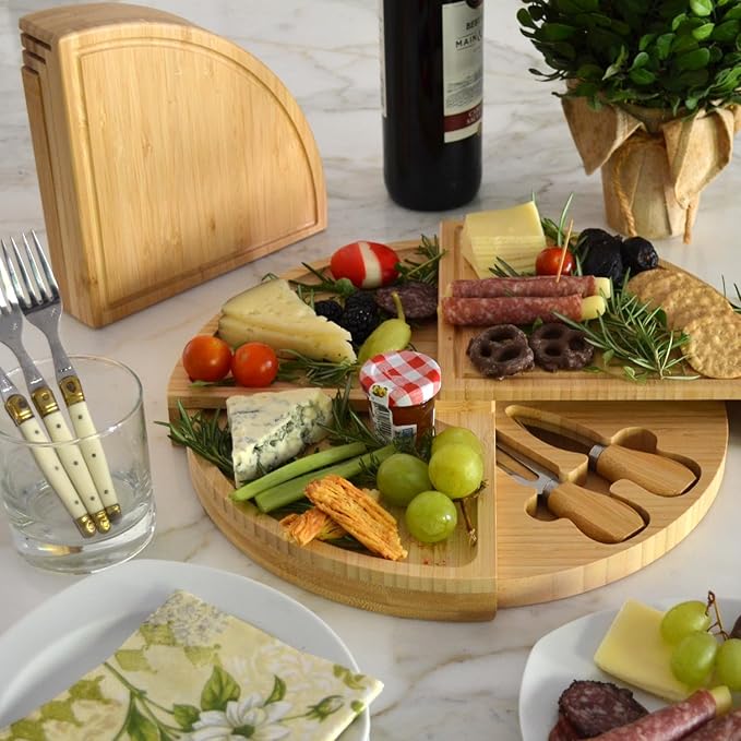 Picnic at Ascot Bamboo Board for Appetizers with Cheese Tools - Stores as a Space Saving Wedge - Opens to 13" Diameter ??Designed by Picnic at Ascot - USA Patented & Quality Assured
