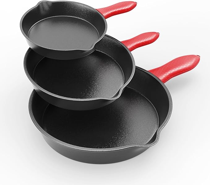 3 piece set, cookware set 6, 8, 10 Inches, for frying, saute, cooking, pizza & more, easy use in the oven, stove, grill, or campfire, black, with silicone heat-resistant cover