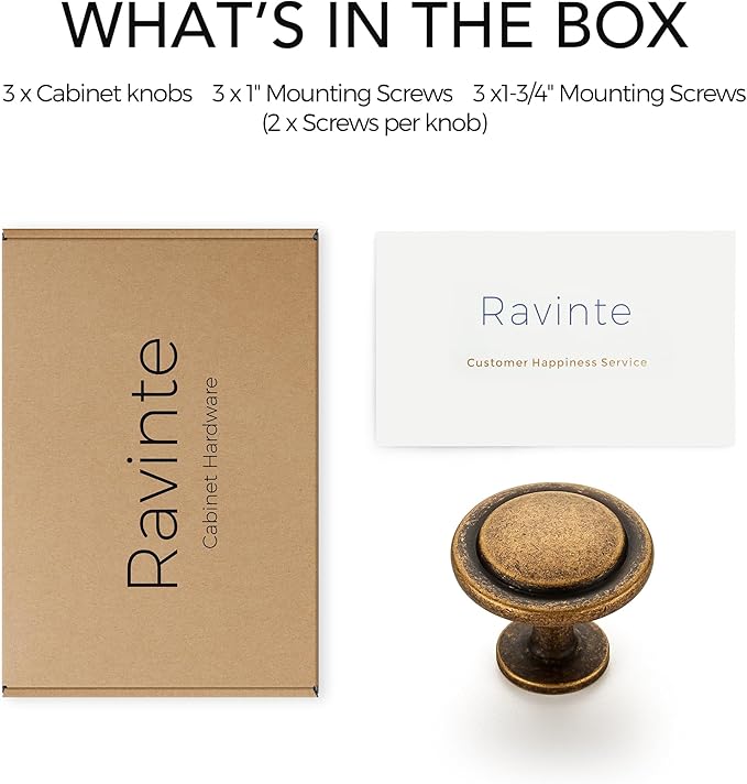 Ravinte 3 Pack 1-1/4 Inch Kitchen Cabinet Knobs Antique Brass Zinc Pulls Door Handles for Dresser Drawers
