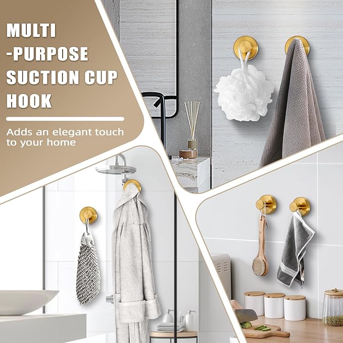 Suction Cup Hooks for Shower No-Drill Bathroom Hooks for Towels, Robes, Loofah Mountable on Bathroom Walls, Kitchen, Glass, Mirrors, Tile and Smooth,Non-Porous Surfaces (4, Brushed Gold)