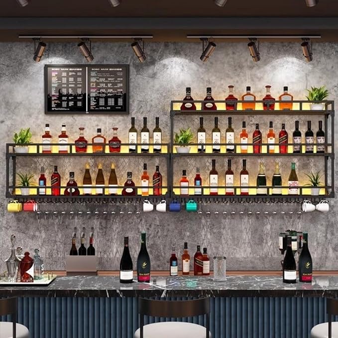 71 Inch Metal Wine Rack Wall Mounted, Bar Shelves Wall Mounted with LED Light, Large 3-Tier Liquor Bar Display Shelf with Wine Glasses for Home Bars, Dining Room & Kitchen, Black