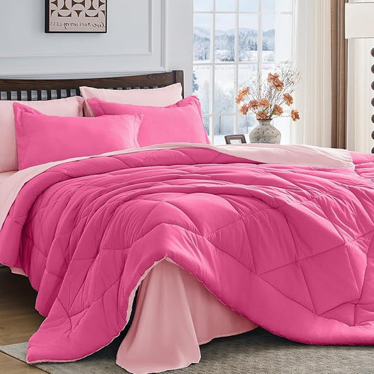 HEVUMYI Hot Pink & Baby Pink Twin Comforter Set - 5-Piece All Season Bed in a Bag Twin, Ultra Soft Bedding Set with Comforter, Flat Sheet, Fitted Sheet, Pillowcases, Pillow Shams