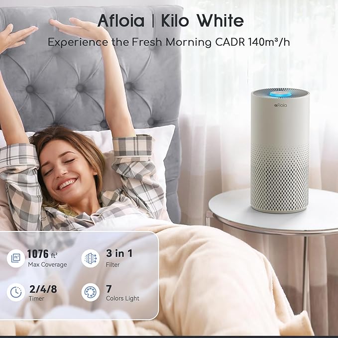 Afloia Air Purifier for Home Bedroom Large Room Up to 1076 Ft짼, 3-Stage Filter Air Purifiers for Bedroom, Remove Dander Pets Hair Pollen Mold Smoke, 7 Colors Light, Kilo Grey