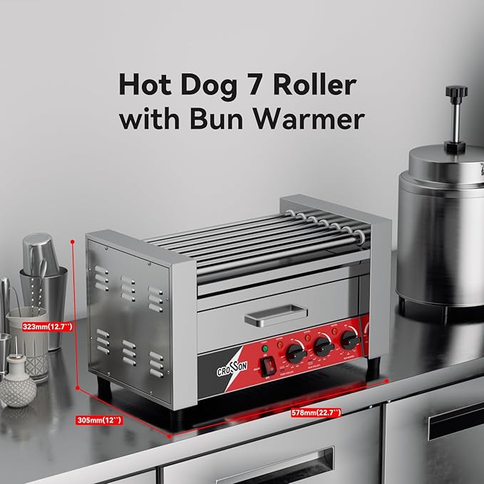 CROSSON Hot Dog 7 Roller with Bun Warmer,Commercial 7 Nonstick 304 Roller Grill Cooker Machine-120V, 1350W