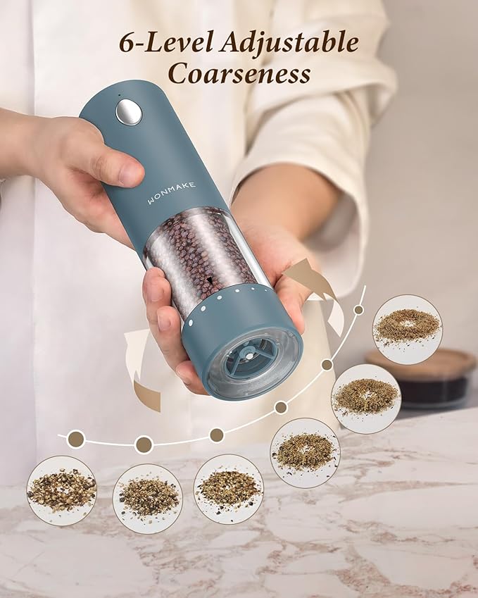 Electric Salt and Pepper Grinder Set - Automatic Refillable Salt and Pepper Grinders with Charging Base & LED Light, 6-Level Adjustable Coarseness with External Dial, Ideal Kitchen Gadget竊똁lue