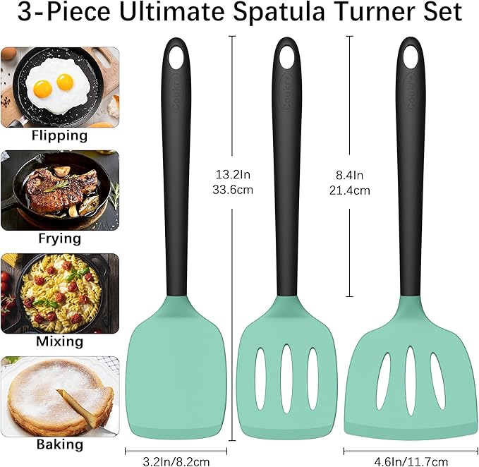 Coukre 3 Pack Silicone Spatula Set, High Heat Resistant, BPA-Free, Fish Spatula, Solid & Slotted Turner for Non-Stick Pans, Flipping Eggs, Pancakes, Fish, Burgers (3, AquaGreen)