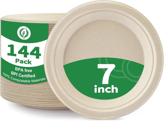 144Pack Disposable Paper Plates 100% Compostable Heavy Duty Paper Plates 7Inch Biodegradable Sugarcane Plate BPI Certified Eco-Friendly Disposable Plate for Desserts, Appetizer, Salad