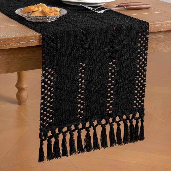 Socomi Boho Table Runner Valentine's Day Farmhouse Rustic Dining Kitchen Centerpiece Decor Small Macrame Woven Cotton Linen Coffee Table Runner for Dresser Scarf Home Decor 12x60 inch Black