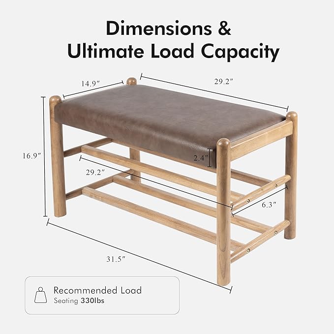 XINNAN Solid Wood Entryway Bench with Shoe Storage, Rustic Oak Wood and PU Leather 31.5 Inch Long Seating for Living and Dining Rooms, 3-Tier Brown