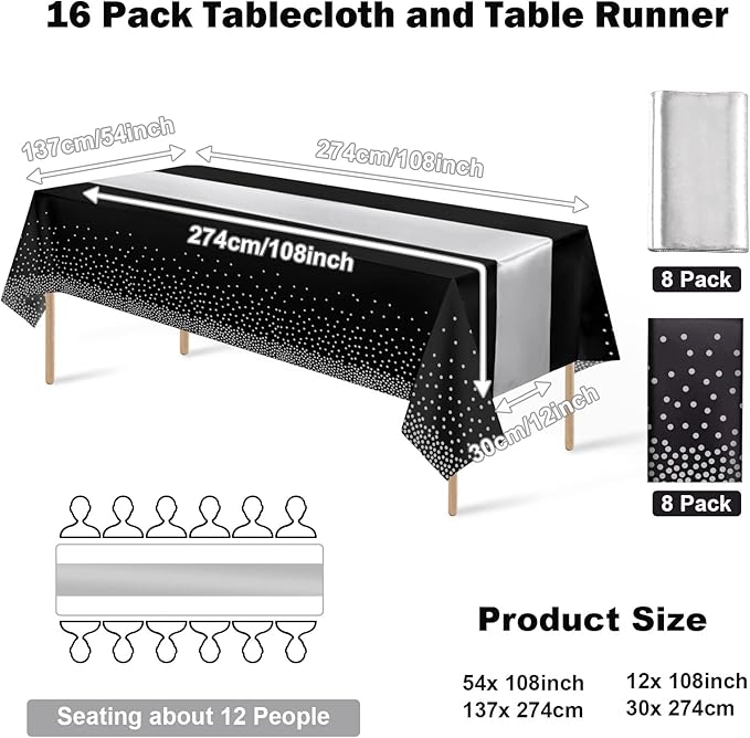 16Pack Disposable Plastic Tablecloths and Satin Table Runner Set Black and Silver Dot Tablecloth Silver Satin Table Runner for Wedding Birthday Baby Shower Anniversary Christmas New Year Party Supply