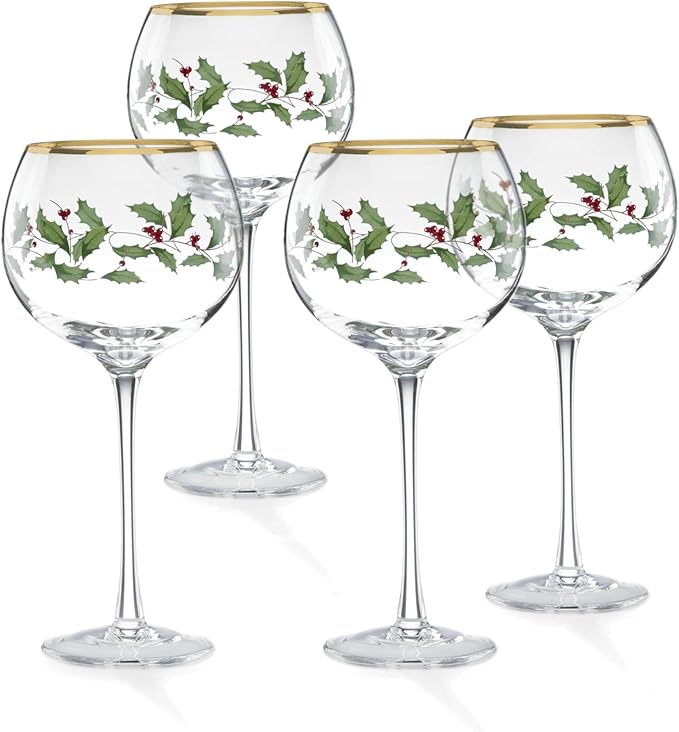 Lenox Drinkware, Holiday 4-Piece Wine Balloon Glass Set, Set Of 4, 14 Fl Oz Capacity, Made From Glass, Festive Red Christmas Design, Hand Wash Only, Christmas Decorations, Winter Decor (4 Piece)