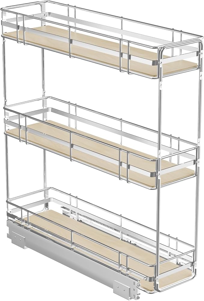 ROOMTEC 3-Tier Pull Out Cabinet Organizer Spice Rack for Narrow Cabinet 7" W x 20쩍" D, Slide Out Wood Shelves Storage for Kitchen