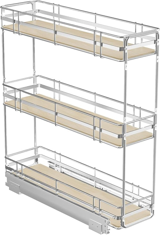 ROOMTEC 3-Tier Pull Out Cabinet Organizer Spice Rack for Narrow Cabinet 7" W x 20쩍" D, Slide Out Wood Shelves Storage for Kitchen
