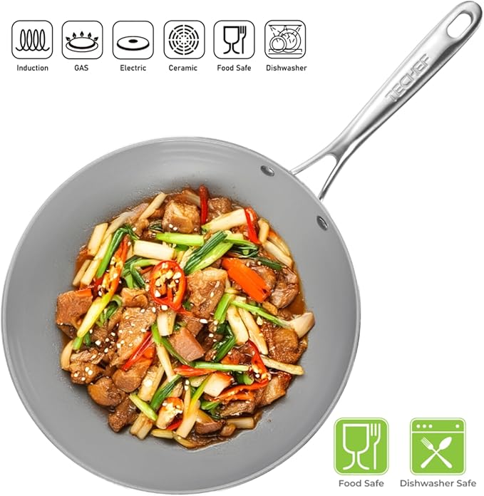 TECHEF - CeraTerra 12" Ceramic Nonstick Flat Bottom Wok/Stir-Fry Pan - PFOA, PTFE, PFAS Free, Dishwasher and Oven Safe, Made in Korea (12-in)