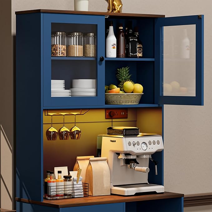 71?섃셁itchen Pantry Storage Cabinet with LED Lights and Power Outlet, Tall Farmhouse Kitchen Hutch with Microwave Stand,Globet Hooks and Adjustable Shelf for Dining Living Room,Blue