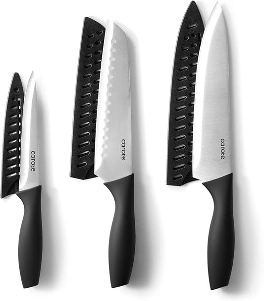 CAROTE Knife Set, 11 Pcs Kitchen Knives with 5 Blade Guards & Non-Slip Cutting Board, Rustproof Stainless Steel 5 Kitchen Knife Set, Plain Black