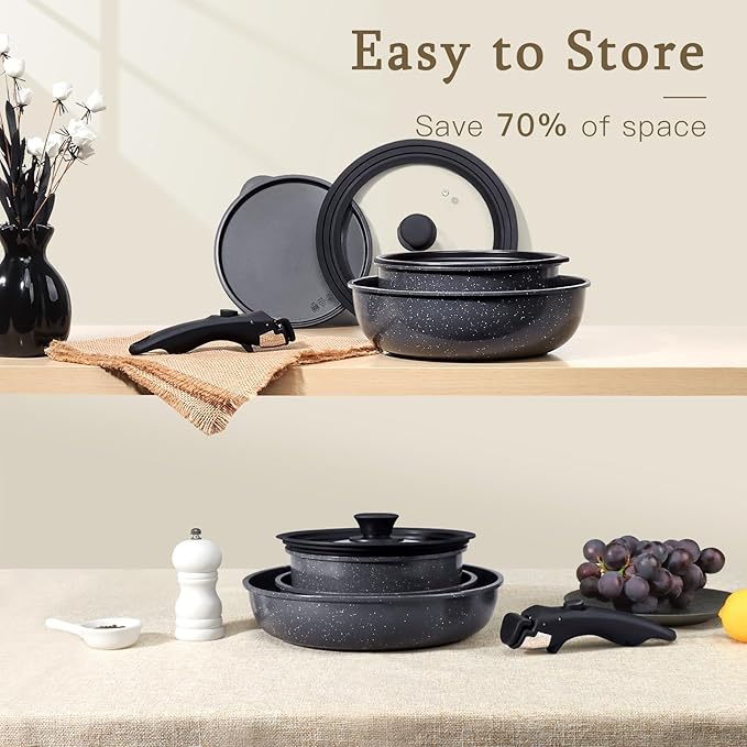 GiPP Ceramic Pots and Pans Set Non Stick, Nonstick Detachable Handle Cookware Sets, Healthy Non Toxic PFAS PFOA & PTFE Free, Dishwasher 竊냀ven Safe, Induction Kitchen Pot and Pan, 21 Piece Grey