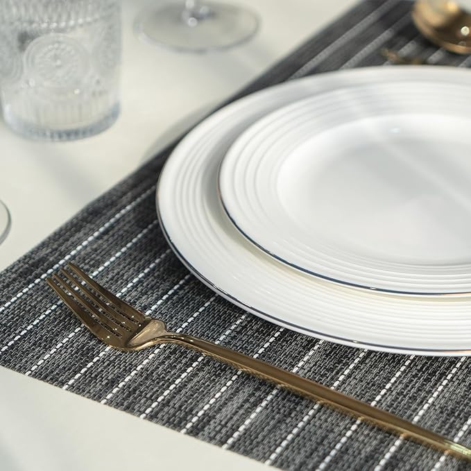 SUMYMERY Placemats Set of 8 Vinyl/Plastic Woven Place Mats for Kitchen Table Indoor/Outdoor Washable Placemat Wipeable Dining Table Mats (Black Stripes,8)