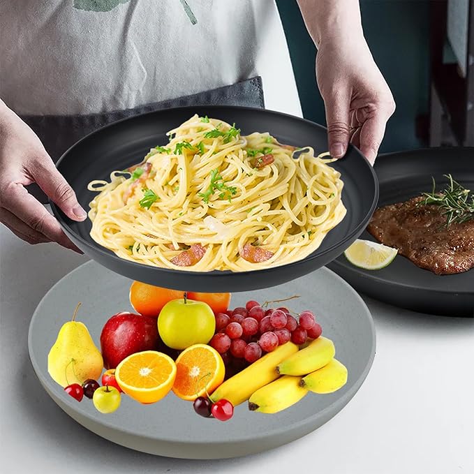 Wheat Straw Plates 10 Inch Dinner Plates Set of 8, Lightweight and Unbreakable Plastic Plates Reusable, Microwave & Dishwasher Safe Kids Plates (Black, Grey)