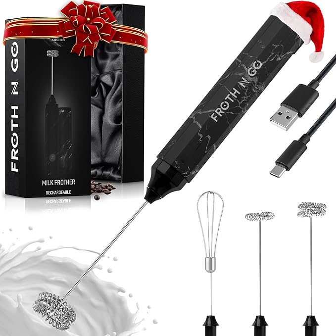 Zulay Froth N Go Milk Frother ??Rechargeable 3-in-1 Handheld Frother Wand with Travel Case & USB-C Charger ??Single, Double & Egg Whisk for Latte, Cappuccino, Matcha, Protein Shakes ??Black Marble