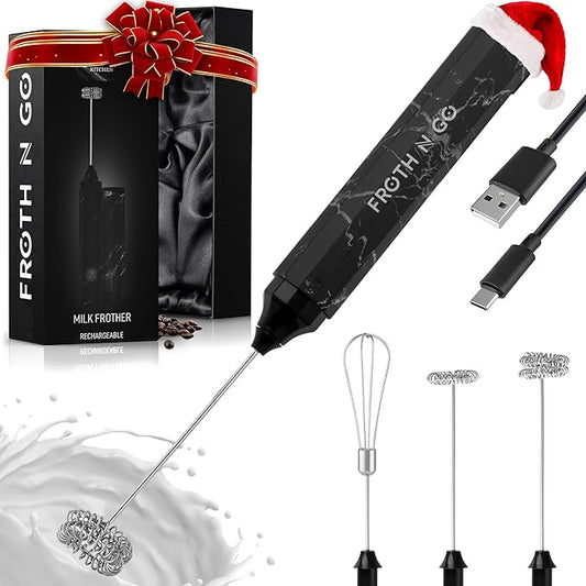 Zulay Froth N Go Milk Frother ??Rechargeable 3-in-1 Handheld Frother Wand with Travel Case & USB-C Charger ??Single, Double & Egg Whisk for Latte, Cappuccino, Matcha, Protein Shakes ??Black Marble